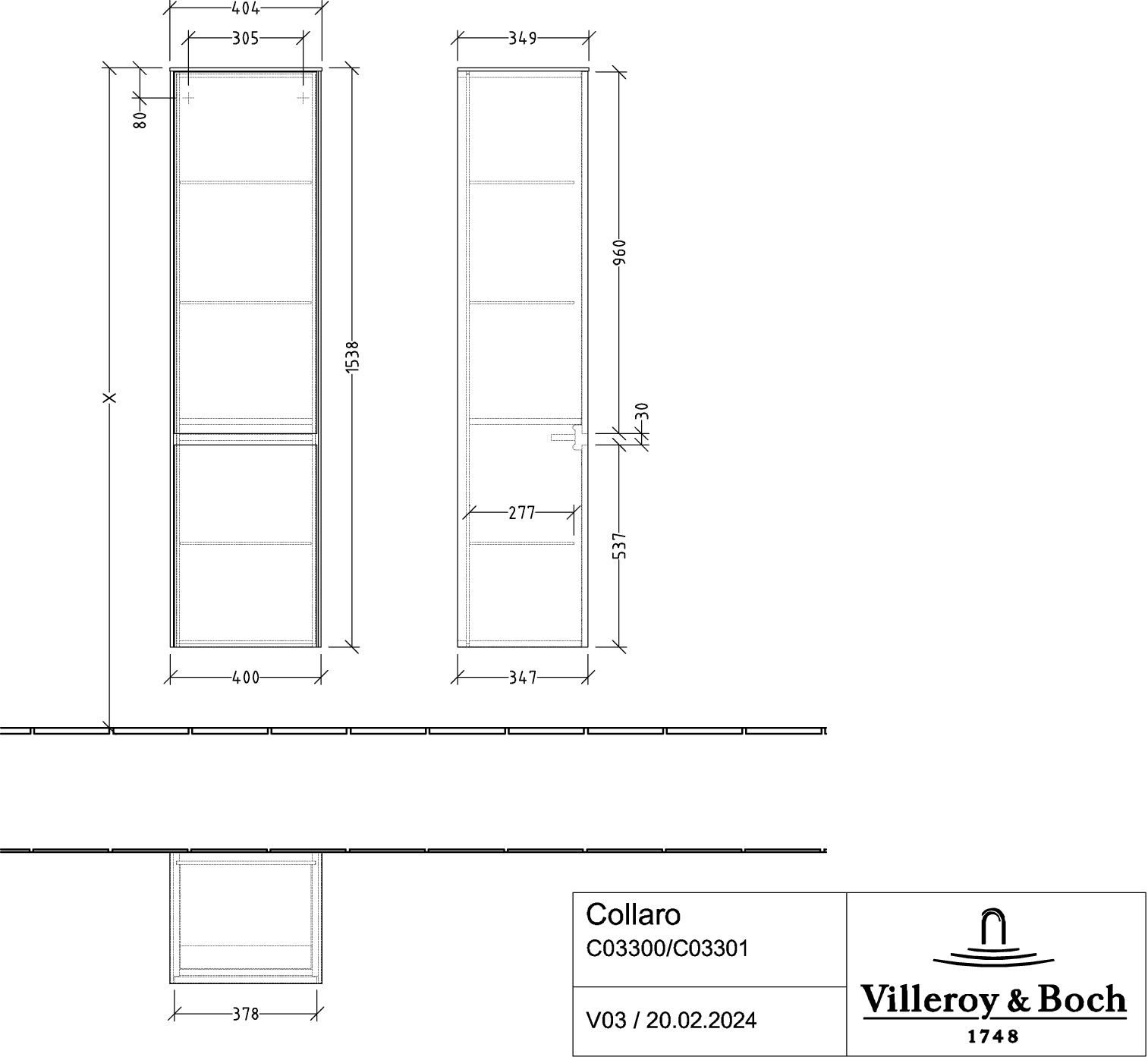 V&B Hochschrank Collaro 40,4x153,8x34,9cm, Anschlag rechts, kansas oak