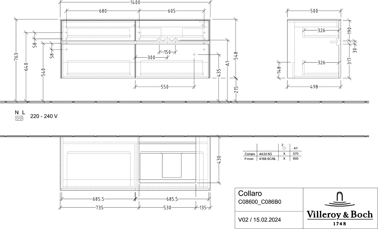V&B Waschtischunterschrank Collaro 140x54,8x50cm, Waschtisch rechts, LED-Beleuchtung 10,4W, kansas oak