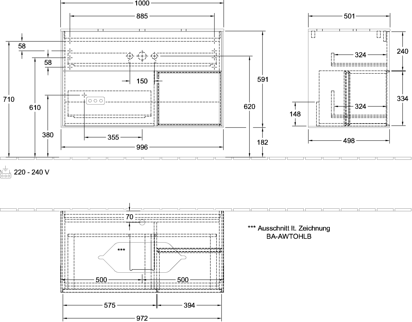 V&B Waschtisch-Unterschrank Abdeckplatte black matt Finion 100x60,3cm, Regal rechts Peony, Peony Matt