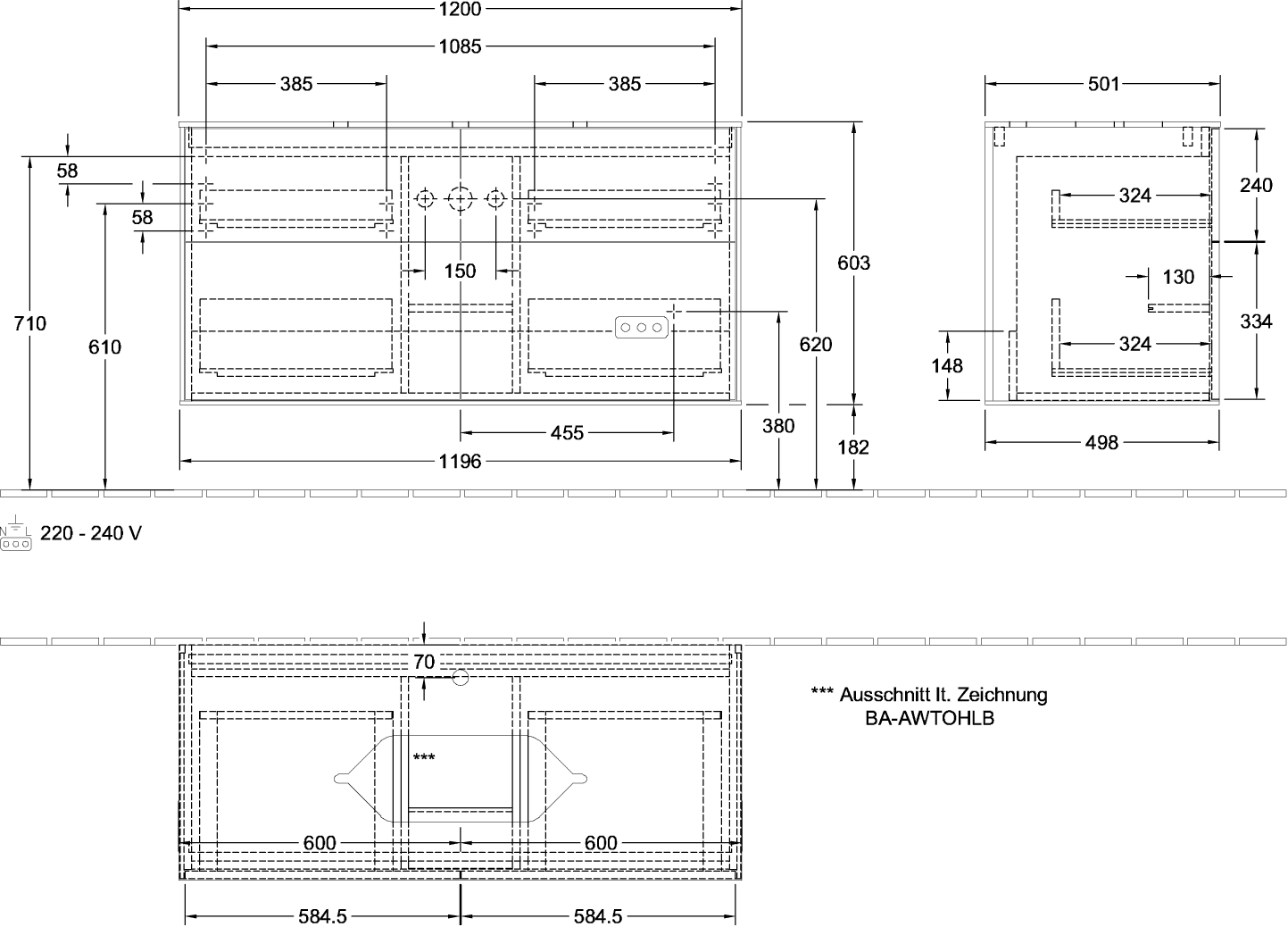 V&B Waschtisch-Unterschrank Wandbeleuchtung Finion 120x60,3cm, Abdeckplatte black matt, White matt lacquer