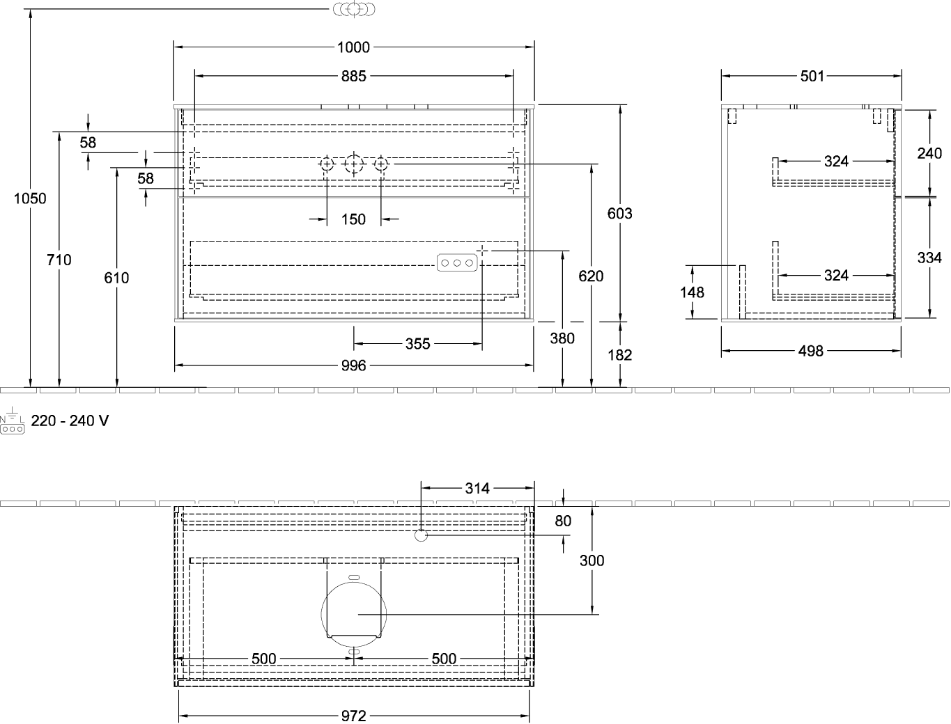 V&B Waschtisch-Unterschrank Wandbeleuchtung Finion 100x60,3cm, Abdeckplatte white matt, Anthracite matt