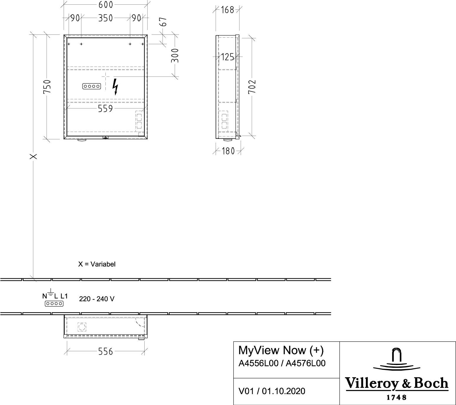 V&B Spiegelschrank MY VIEW NOW 60 x 75 x 16,8 cm, Anschlag links, LED-Beleuchtung, 1 Tür, Ein-/Ausschalter