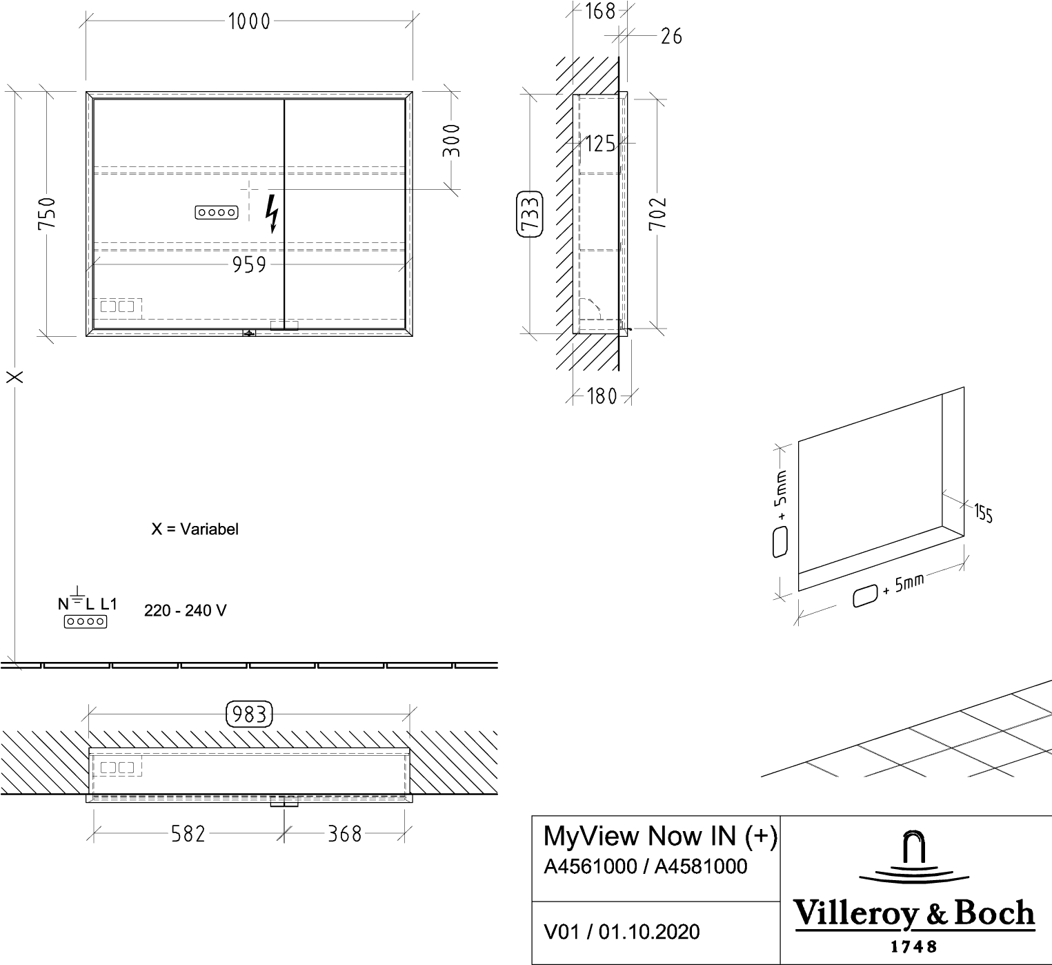 V&B Spiegelschrank MY VIEW NOW 100 x 75 x 16,8 cm, LED-Beleuchtung, 2 Türen, mit Ein-/Ausschalter