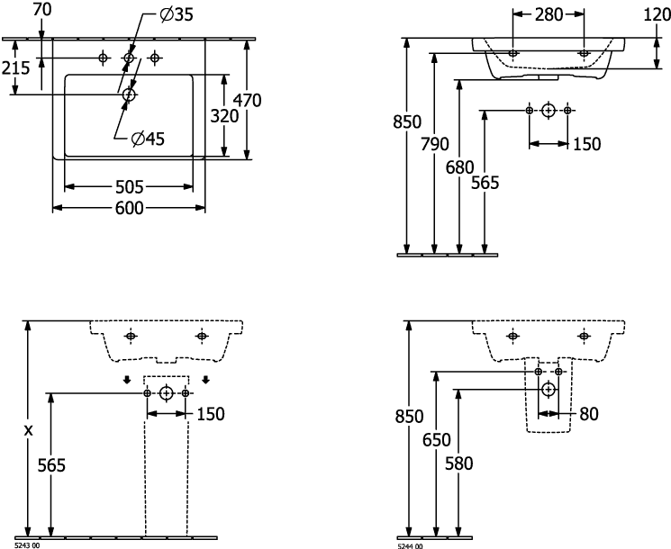 V&B Schrank-Waschtisch Subway 3.0 60x47cm, eckig, mit 1 Hahnloch/ohne Überlauf, weiß C-plus