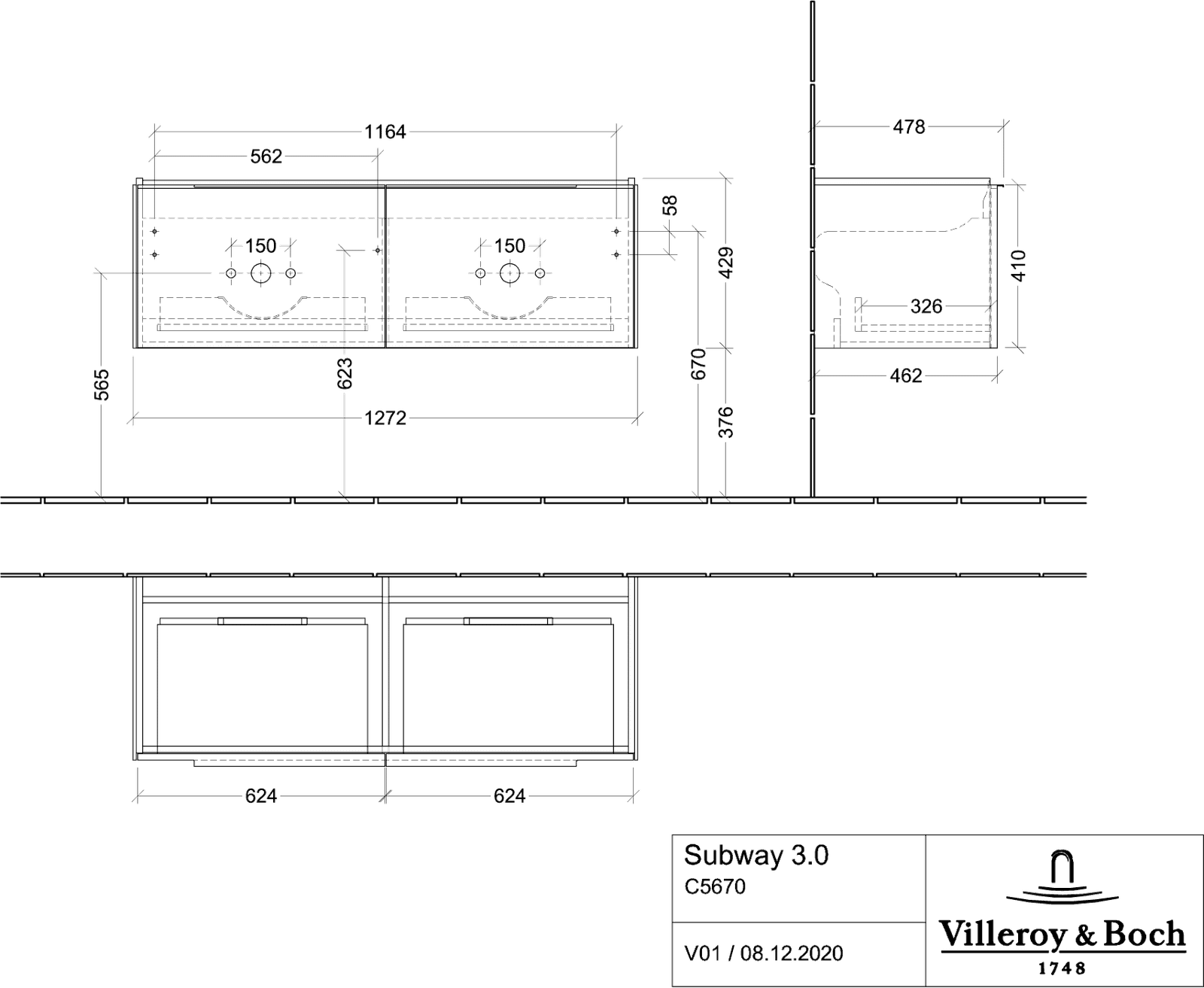 V&B Waschtisch-Unterschrank Subway 3.0 127,2x42,9x47,8cm, ohne LED/Griff Volcano black, graphite