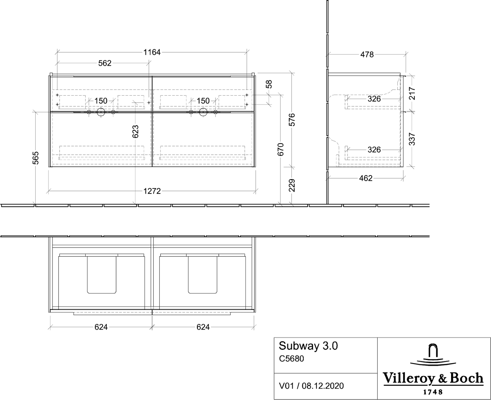 V&B Waschtisch-Unterschrank Subway 3.0 127,2x56,6x47,8cm, ohne LED/Griff Aluminium glänzend, kansas oak