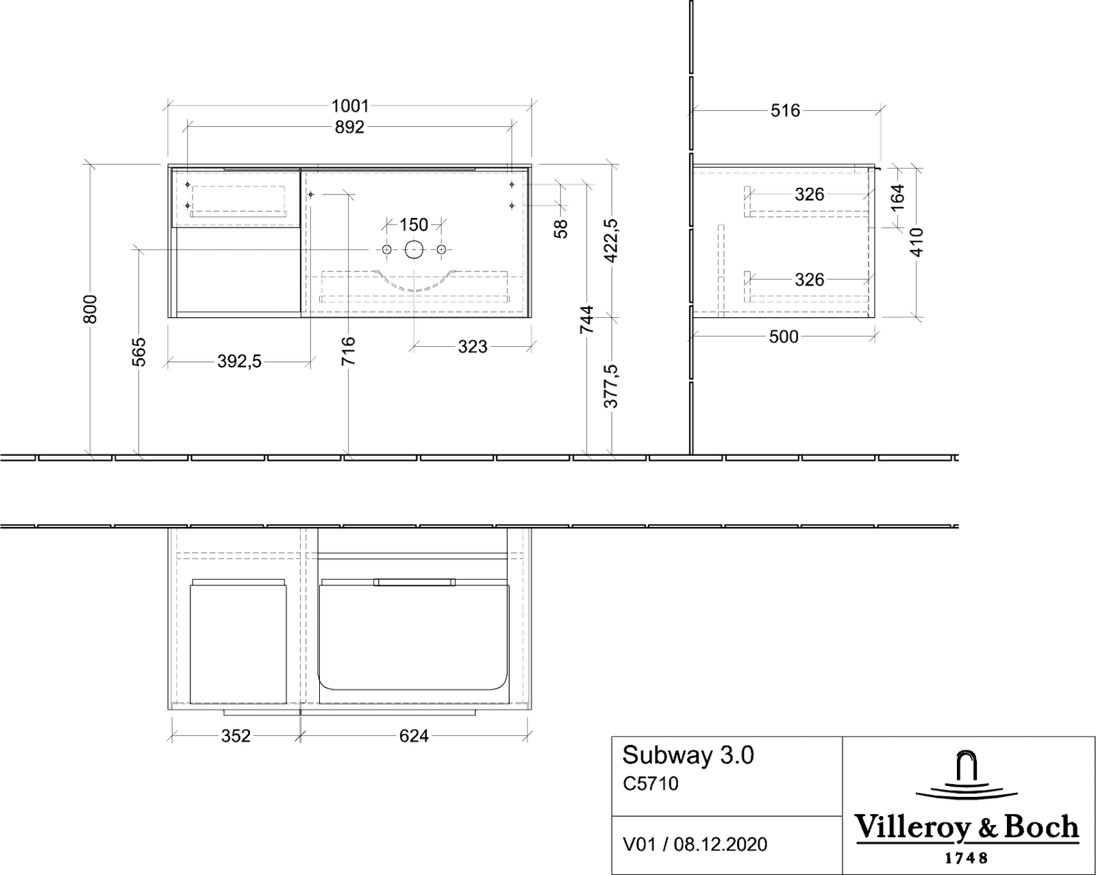V&B Waschtisch-Unterschrank Becken rechts Subway 3.0 100,1x42,25x51,6cm, ohne LED/Griff Aluminium glänzend, cashmere grey
