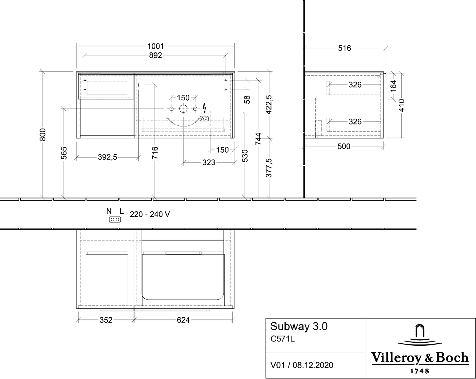 V&B Waschtisch-Unterschrank Becken rechts Subway 3.0 100,1x42,25x51,6cm, mit LED/Griff Volcano black, stone oak