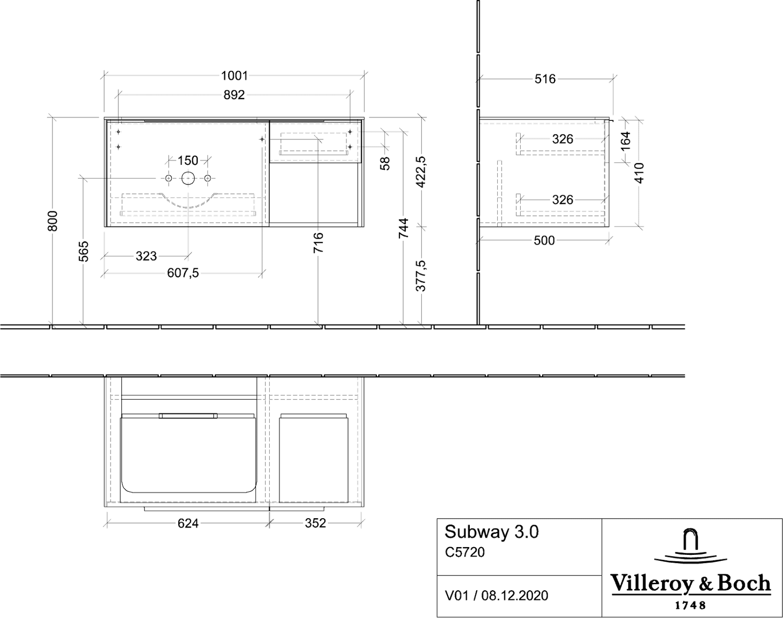V&B Waschtisch-Unterschrank Becken links Subway 3.0 100,1x42,25x51,6cm, ohne LED/Griff monochrom, taupe