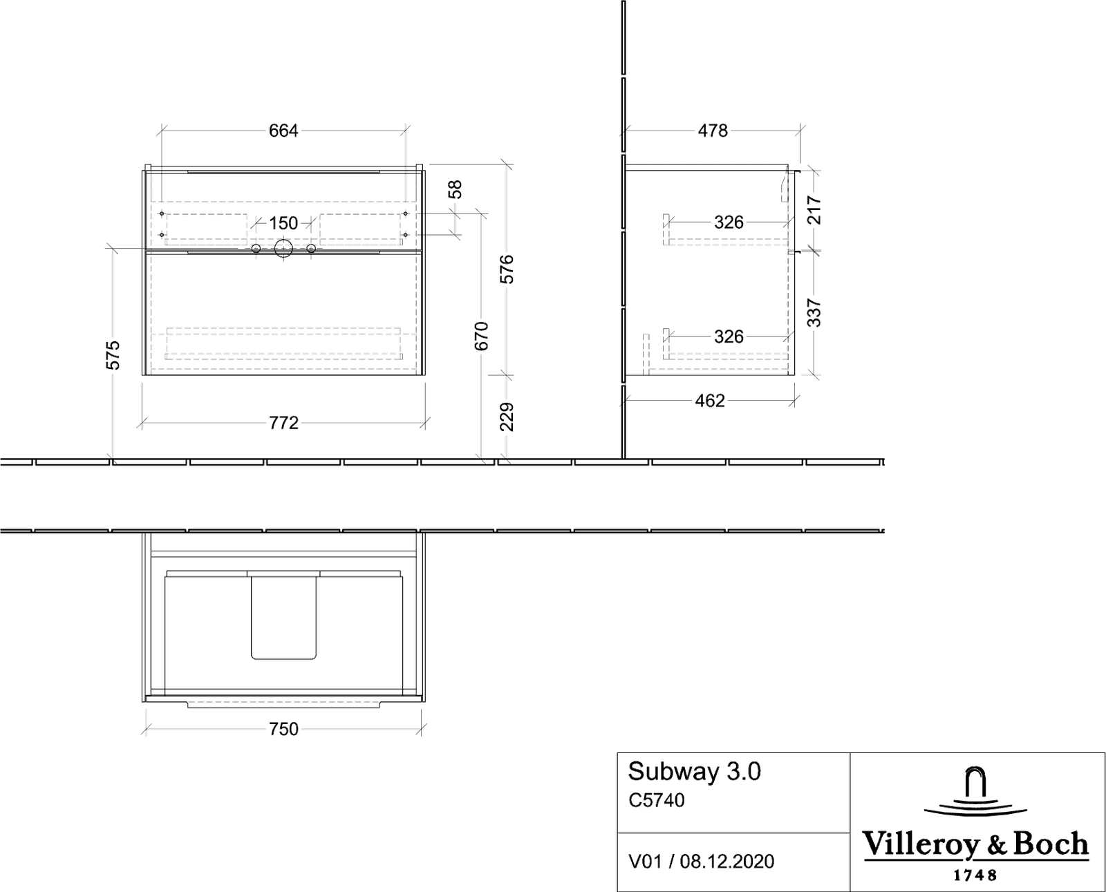 V&B Waschtisch-Unterschrank Subway 3.0 77,2x57,6x47,8cm, ohne LED/Griff monochrom, cashmere grey