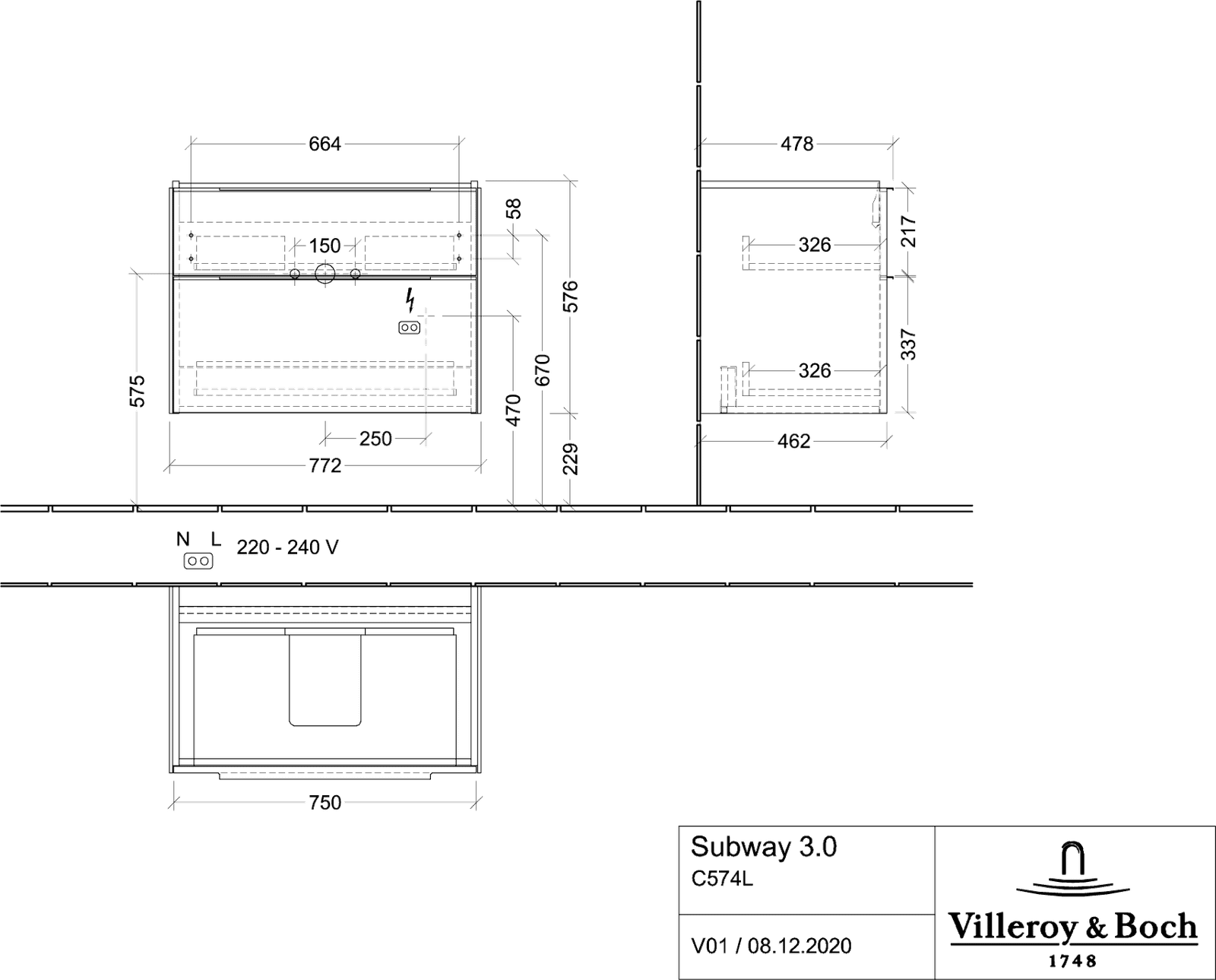 V&B Waschtisch-Unterschrank Subway 3.0 77,2x57,6x47,8cm, mit LED/Griff Aluminium glänzend, kansas oak