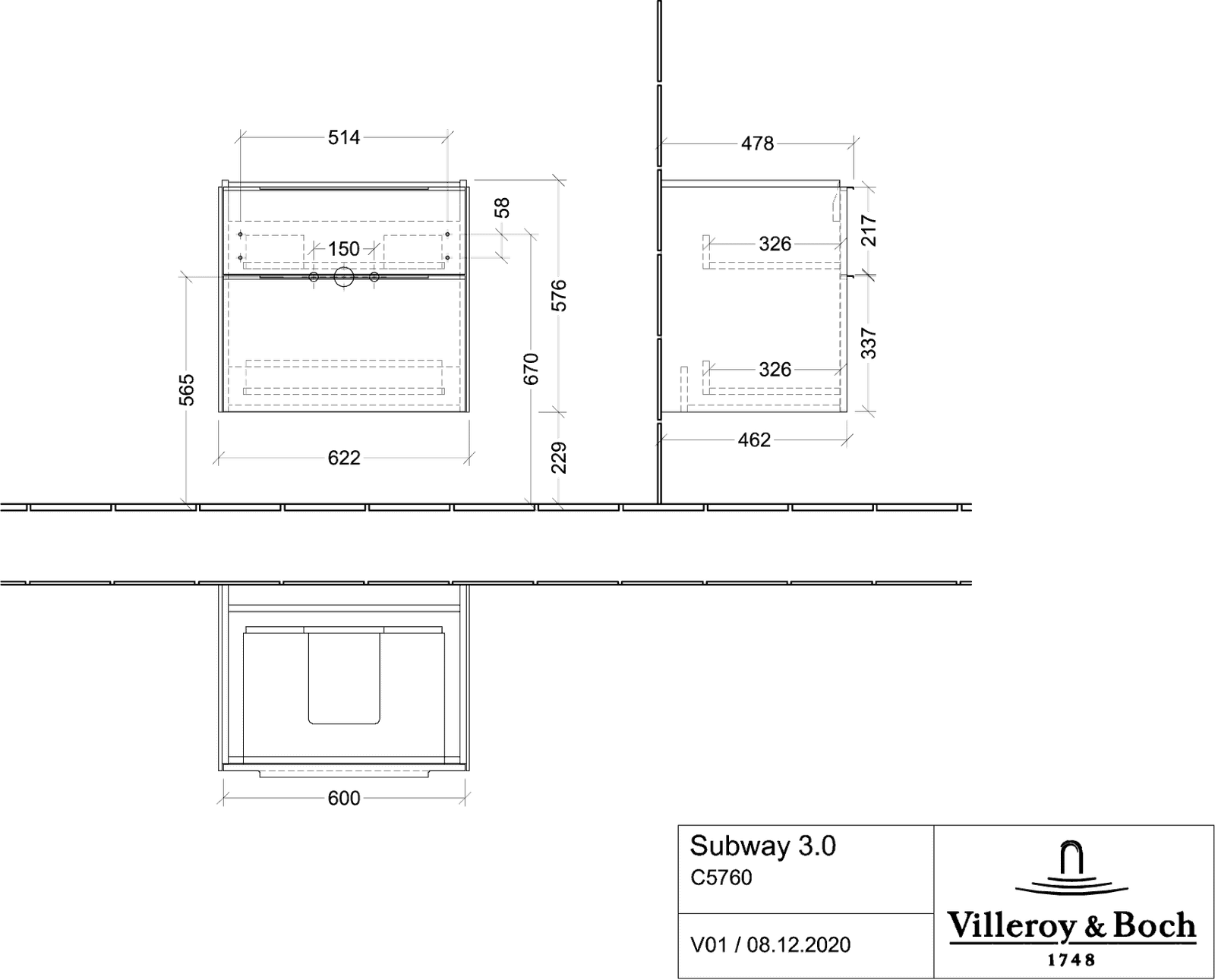 V&B Waschtisch-Unterschrank Subway 3.0 62,2x57,6x47,8cm, ohne LED/Griff monochrom, cashmere grey