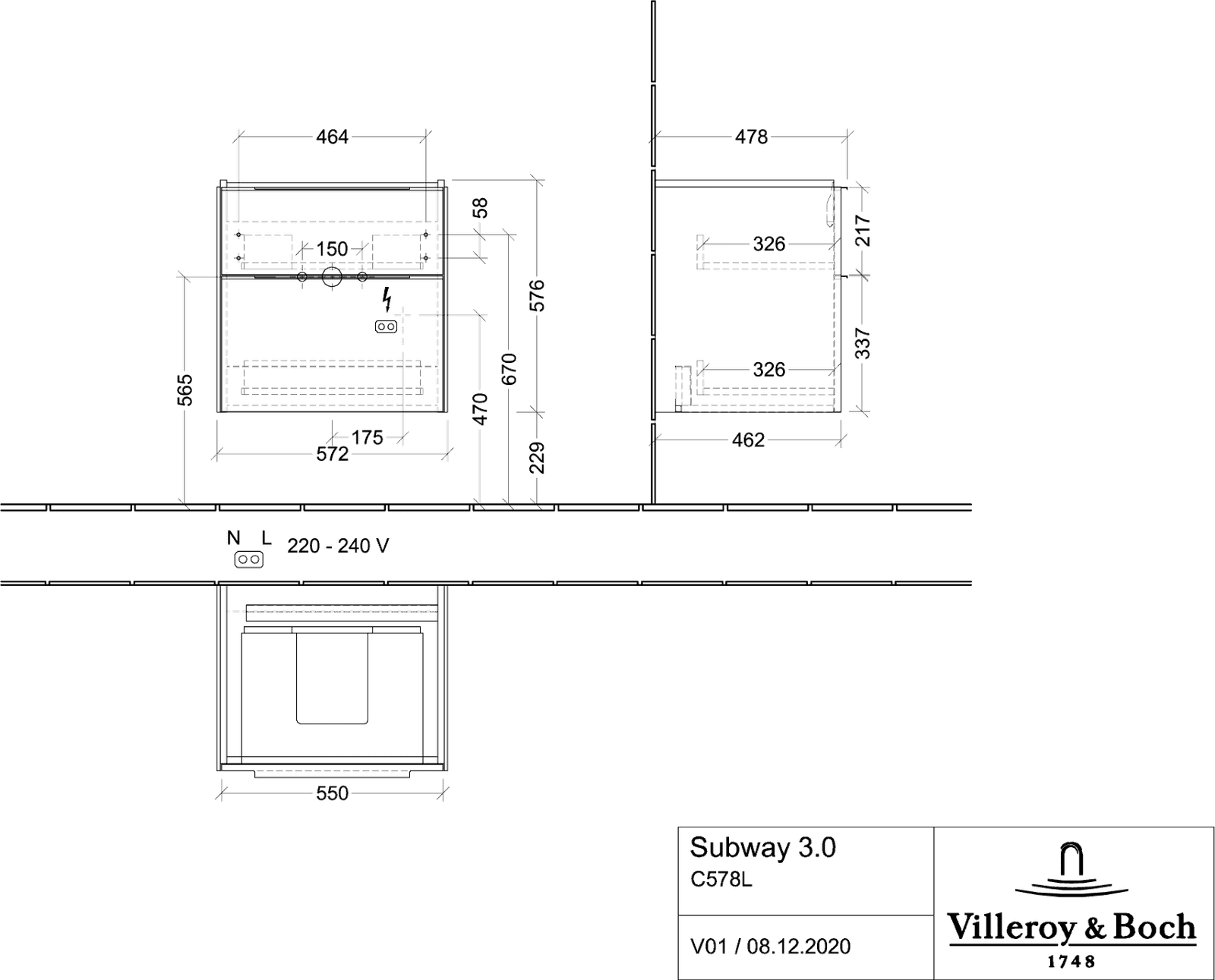 V&B Waschtisch-Unterschrank Subway 3.0 57,2x57,6x47,8cm, mit LED/Griff Volcano black, kansas oak