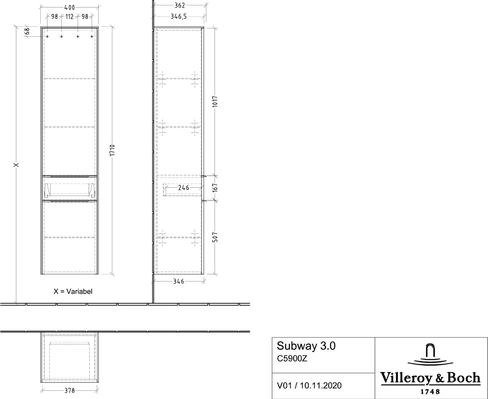 V&B Hochschrank Subway 3.0 40x171x36,2cm, Schanier links/Griff Aluminium glänzend, taupe