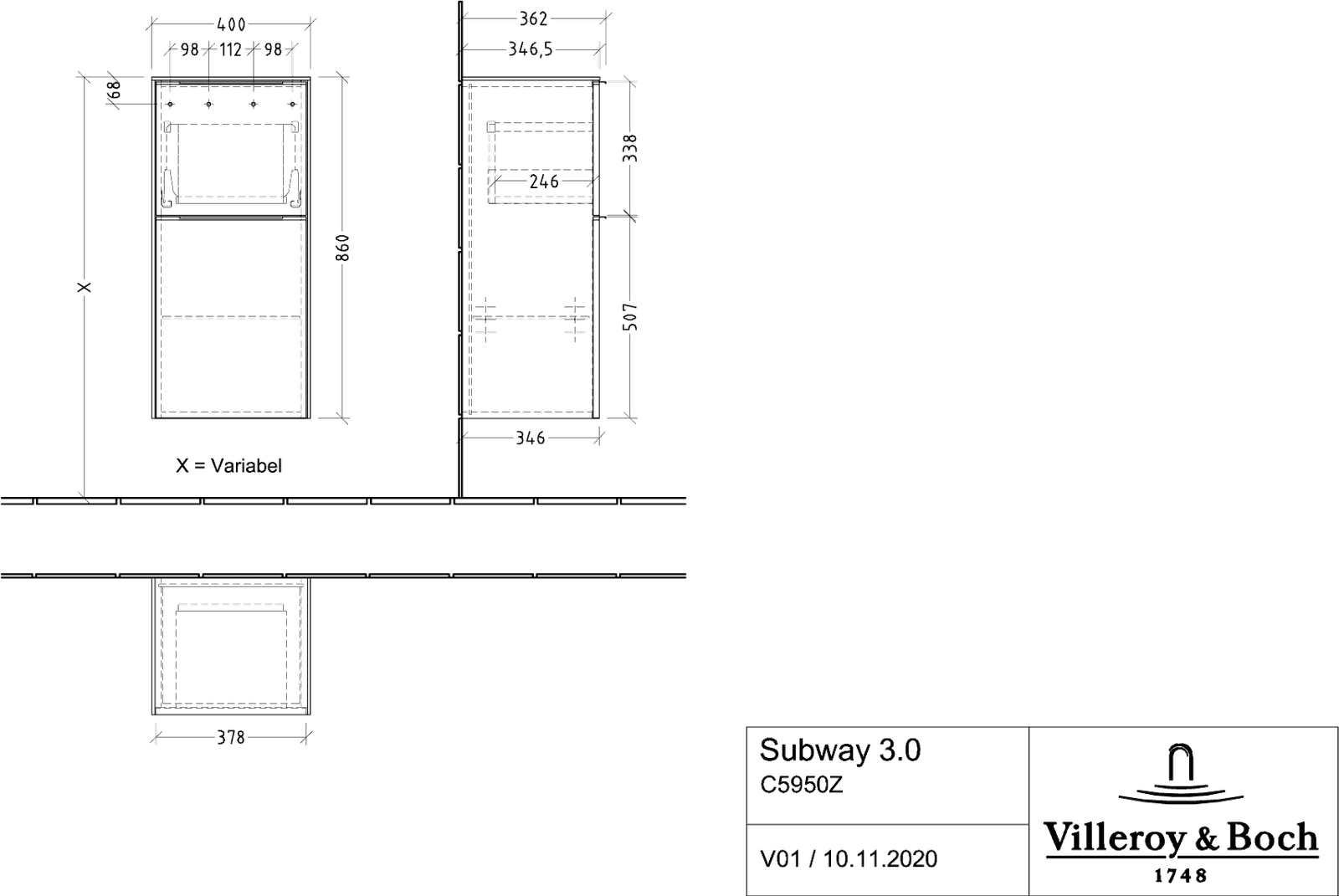 V&B Seitenschrank Subway 3.0 40x86x36,2cm, Schanier rechts/Griff Aluminium glänzend, nordic oak