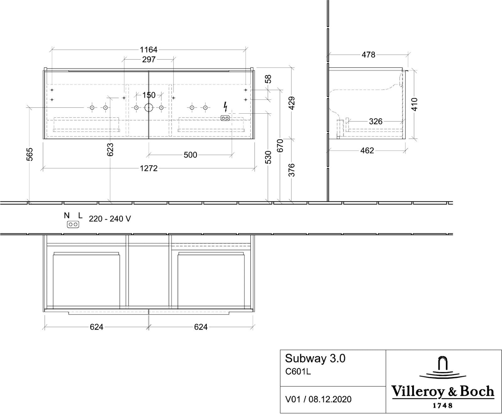 V&B Waschtisch-Unterschrank Subway 3.0 127,2x42,9x47,8cm, mit LED/Griff Aluminium glänzend, volcano black