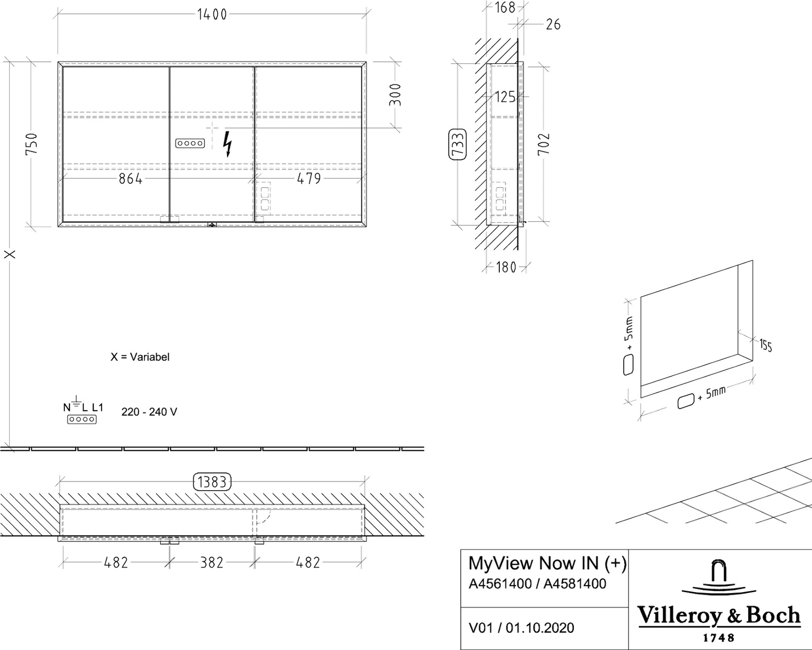 V&B Einbau-Spiegelschrank MY VIEW NOW 140 x 75 x 16,8 cm, LED-Beleuchtung, 3 Türen, mit Ein-/Ausschalter
