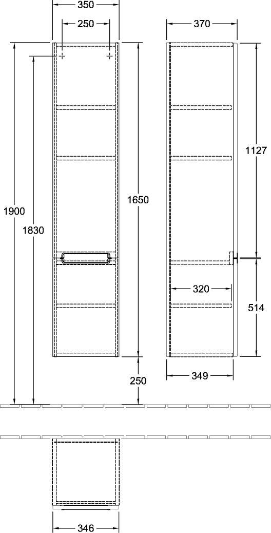 V&B Hochschrank Subway 2.0 35 x 165 x 37 cm, links, Griff chrom, black matt lacquer