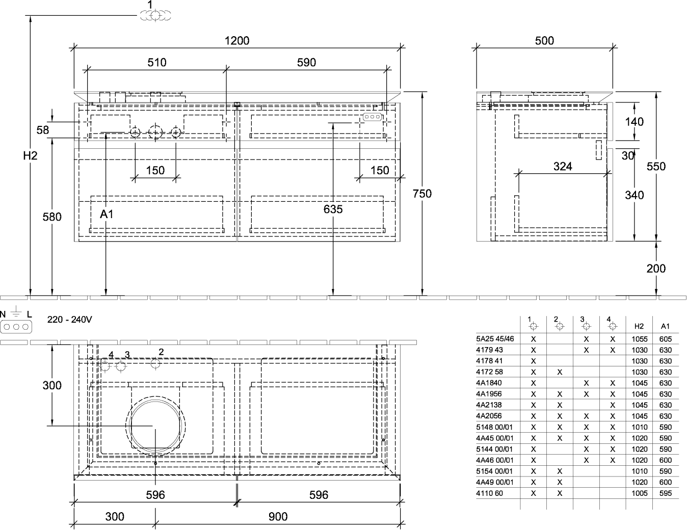 V&B Waschtischunterschrank Legato 120x55x50cm, Waschtisch links, mit LED-Beleuchtung, Black Matt Lacquer