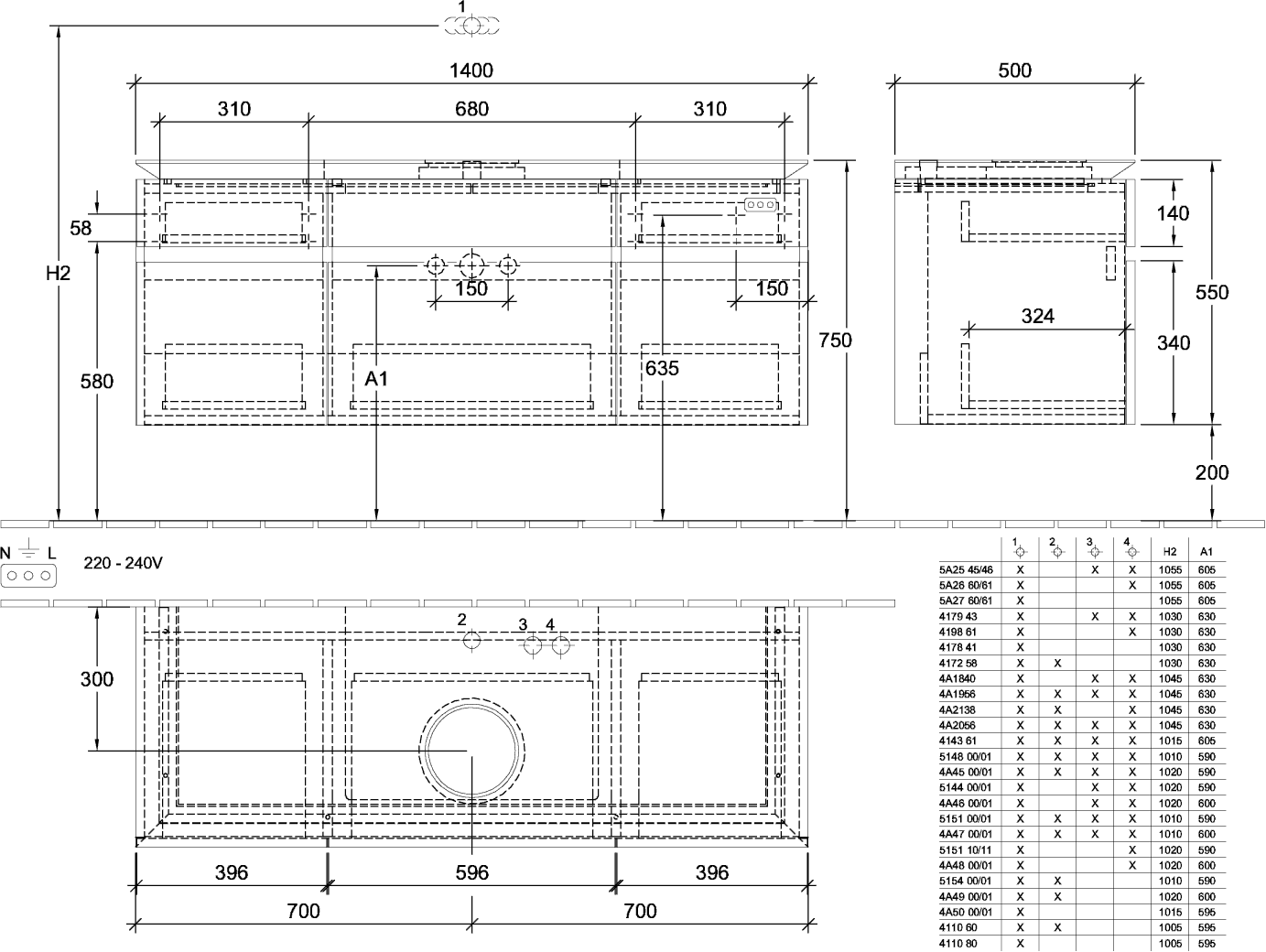 V&B Waschtischunterschrank Legato 140x55x50cm, Waschtisch mittig, mit Beleuchtung, Glossy White