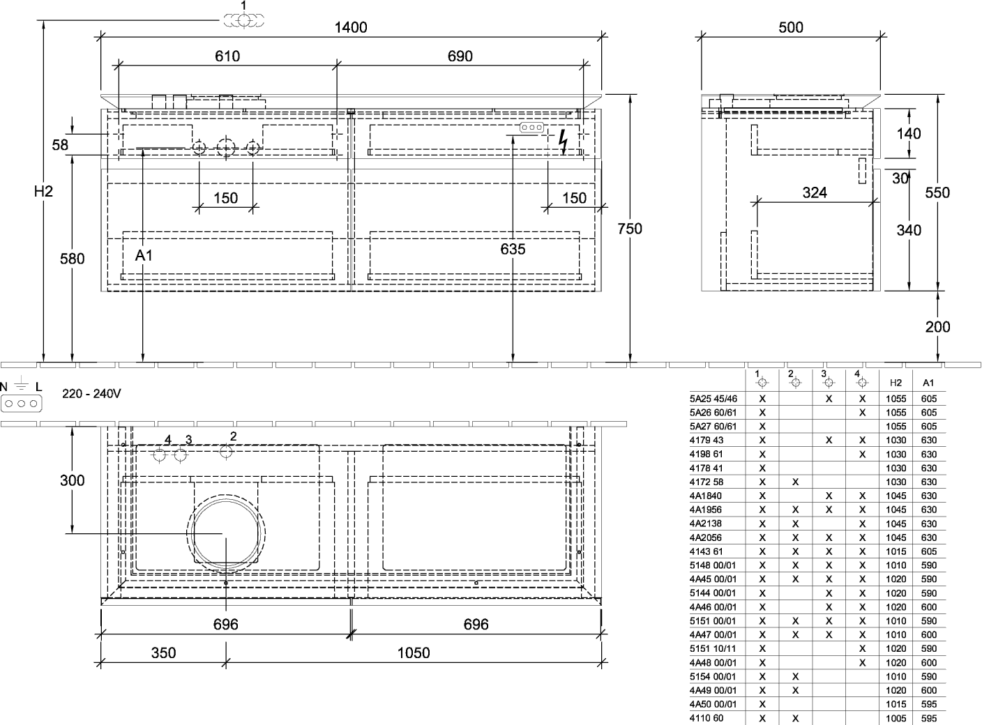 V&B Waschtischunterschrank Legato 140x55x50cm, Waschtisch links, mit LED-Beleuchtung, Arizona Oak