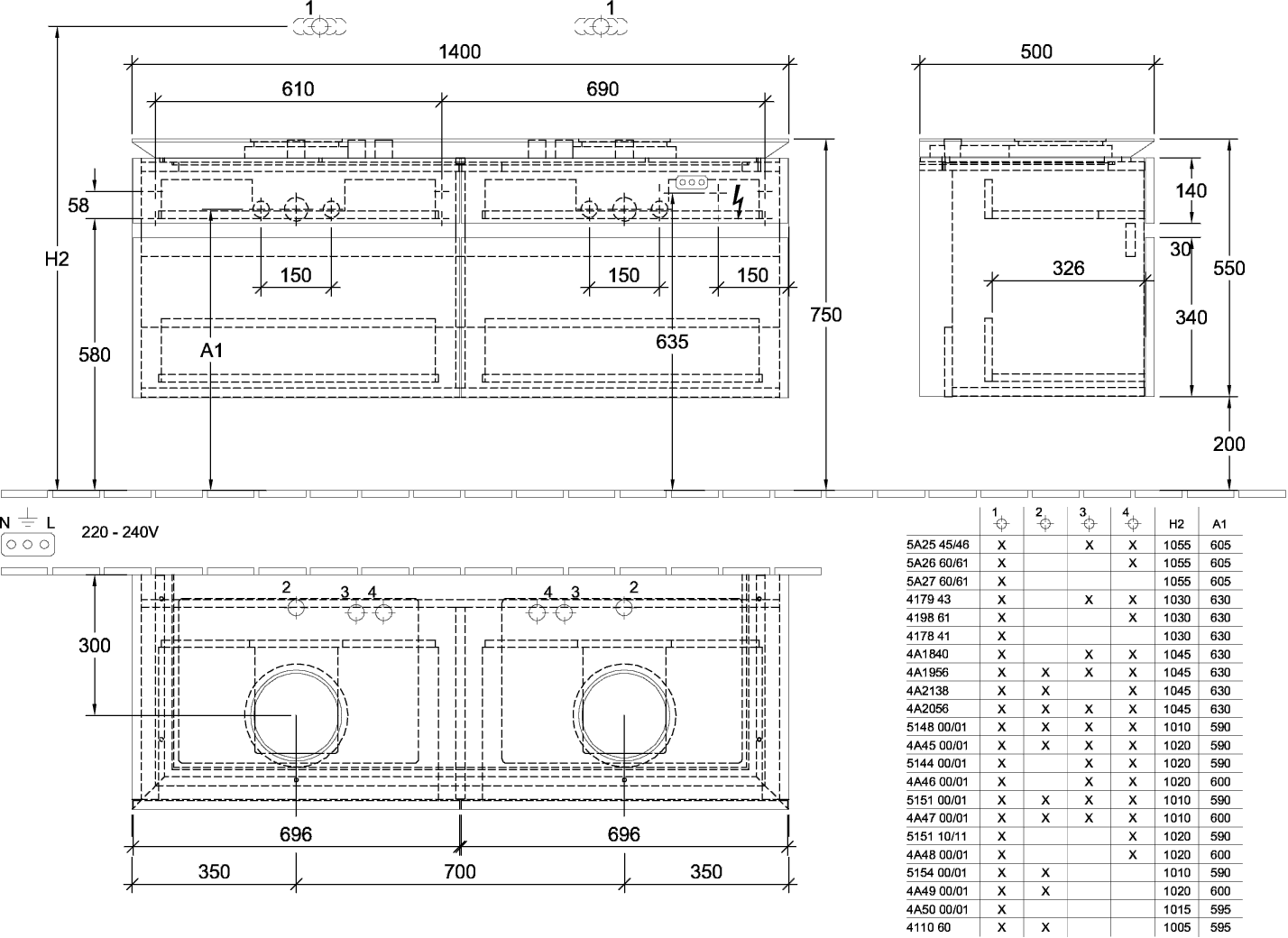 V&B Waschtischunterschrank Legato 140x55x50cm, für 2 Waschtische, mit LED-Beleuchtung, White Matt