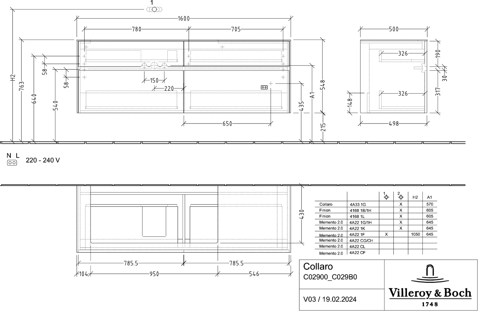 V&B Waschtischunterschrank Collaro 160x54,8x50cm, Waschtisch links, mit LED-Beleuchtung, stone oak
