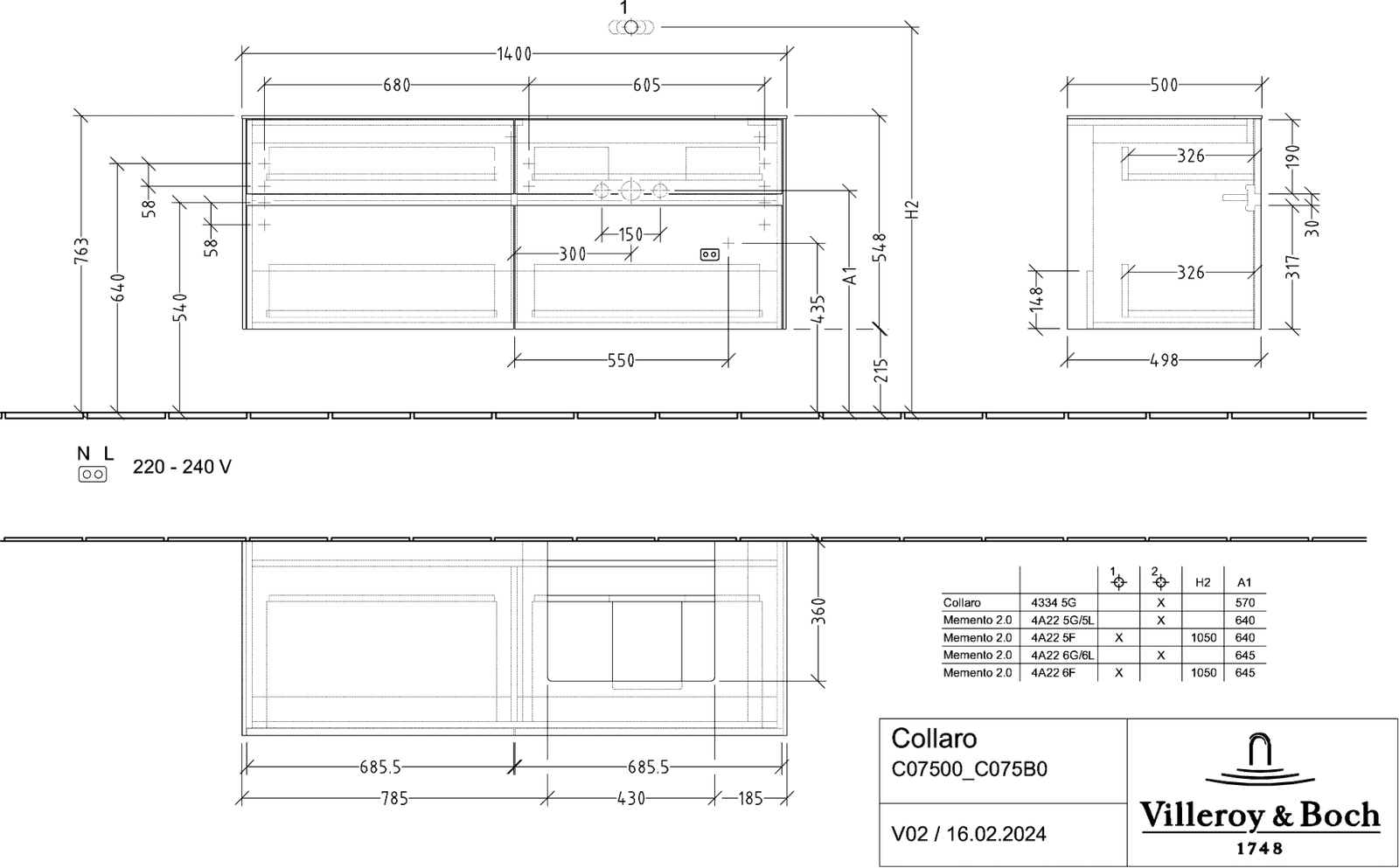 V&B Waschtischunterschrank Collaro 140x54,8x50cm, Waschtisch rechts, kansas oak