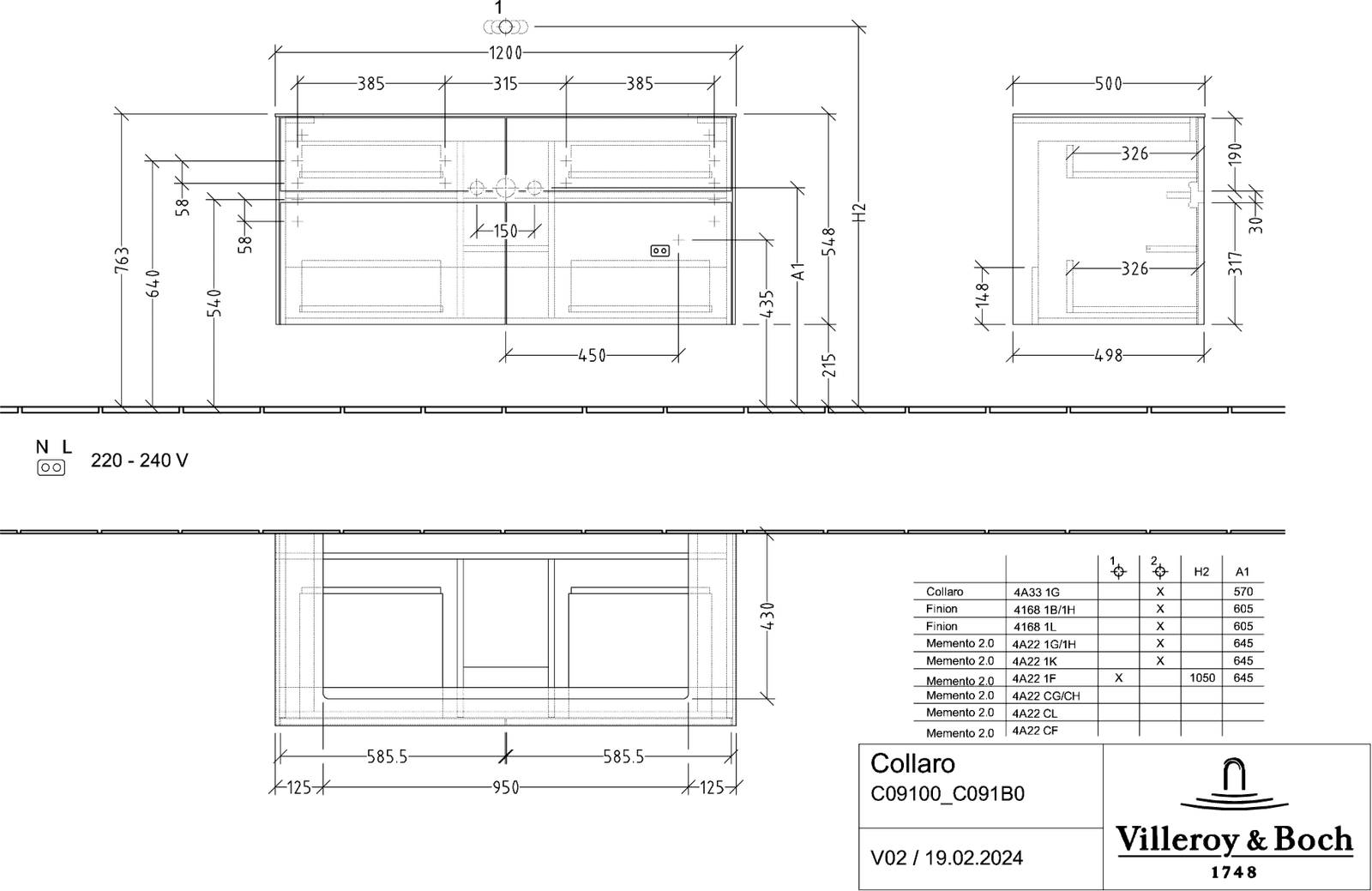 V&B Waschtischunterschrank Collaro 120x54,8x50cm, Waschtisch mittig, stone oak