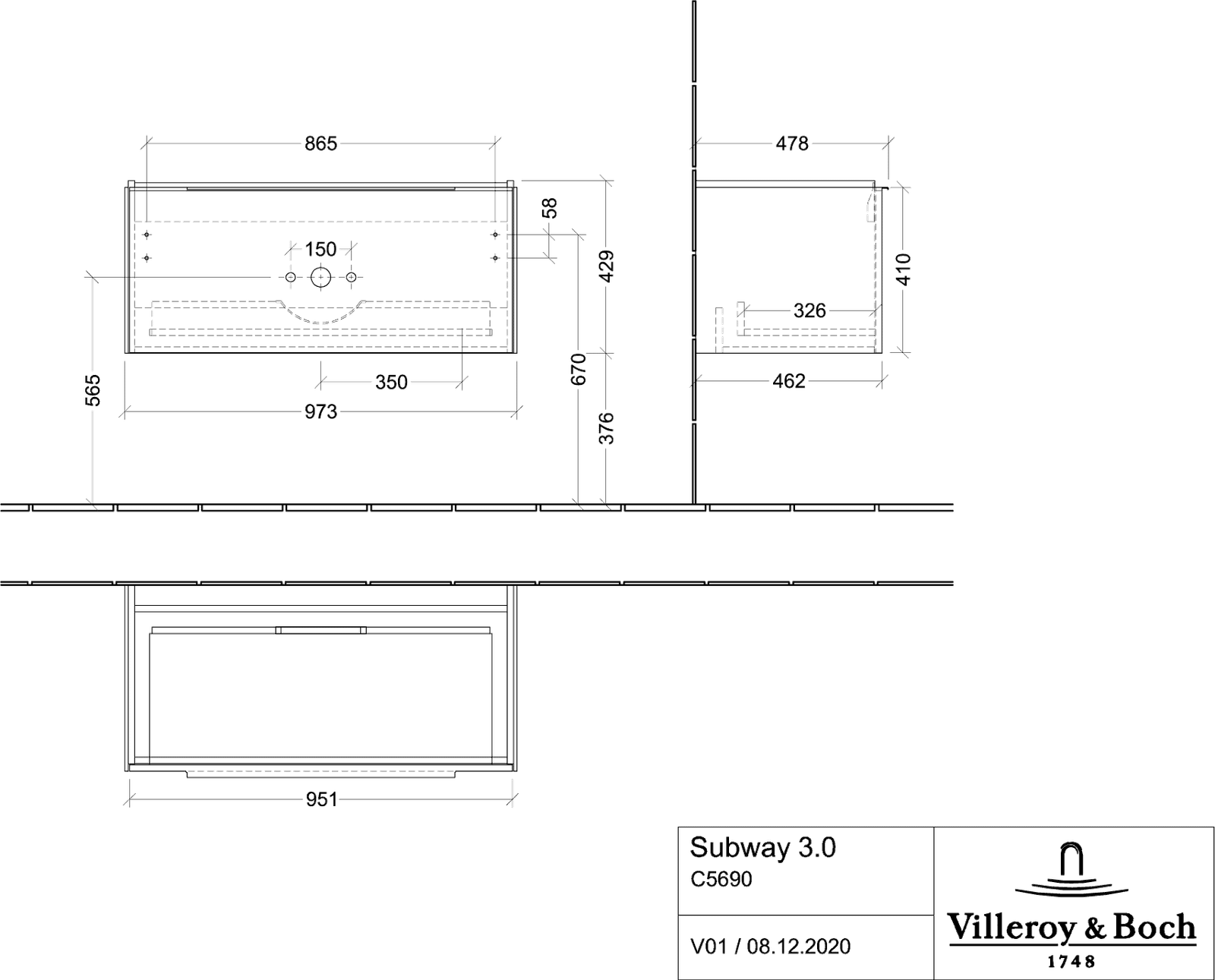 V&B Waschtisch-Unterschrank Subway 3.0 97,3x42,9x47,8cm, ohne LED/Griff Volcano black, taupe