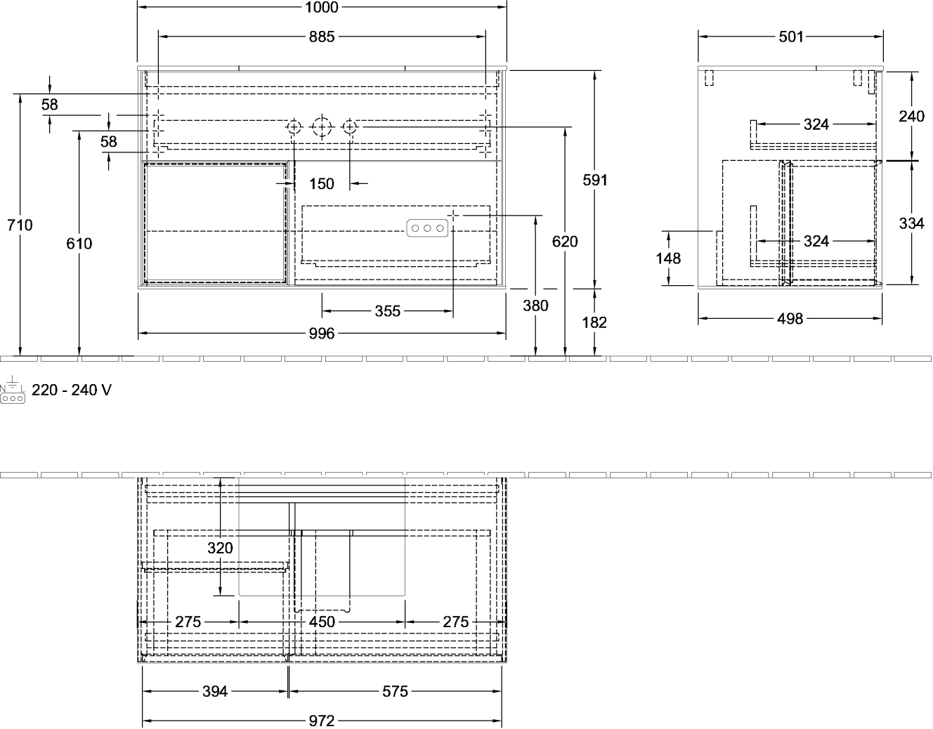 V&B Waschtisch-Unterschrank Finion 100cm, Abdeckplatte black matt, Regal links Oak Veneer, Black matt lacquer