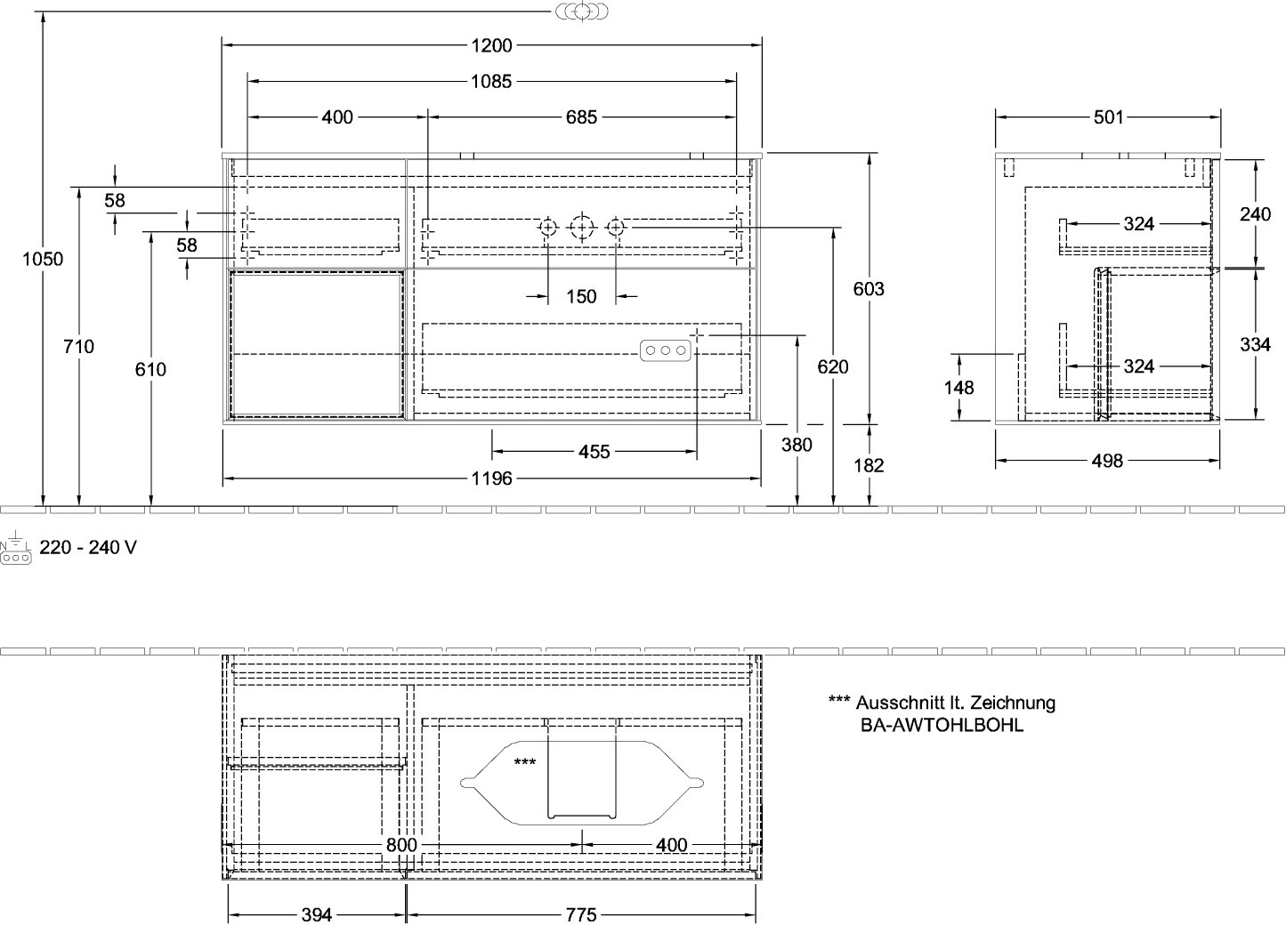 V&B Waschtisch-Unterschrank Finion 120x60,3x50,1cm, Regal links Black matt lacquer, White matt lacquer