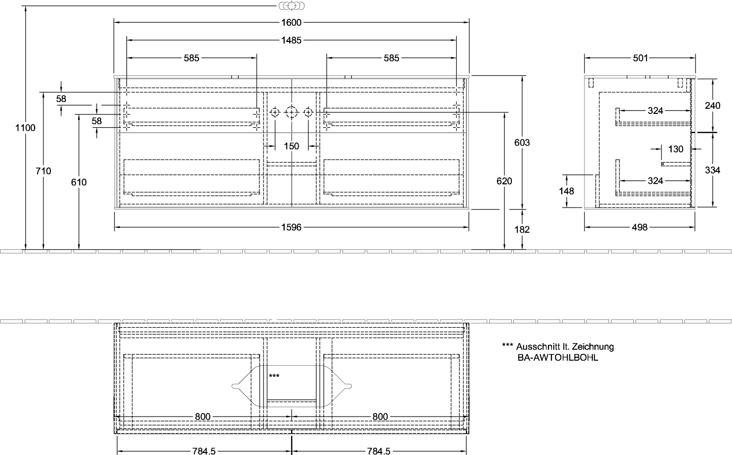 V&B Waschtisch-Unterschrank Finion 160x60,3x50,1cm, Glass White Matt, Walnut veneer