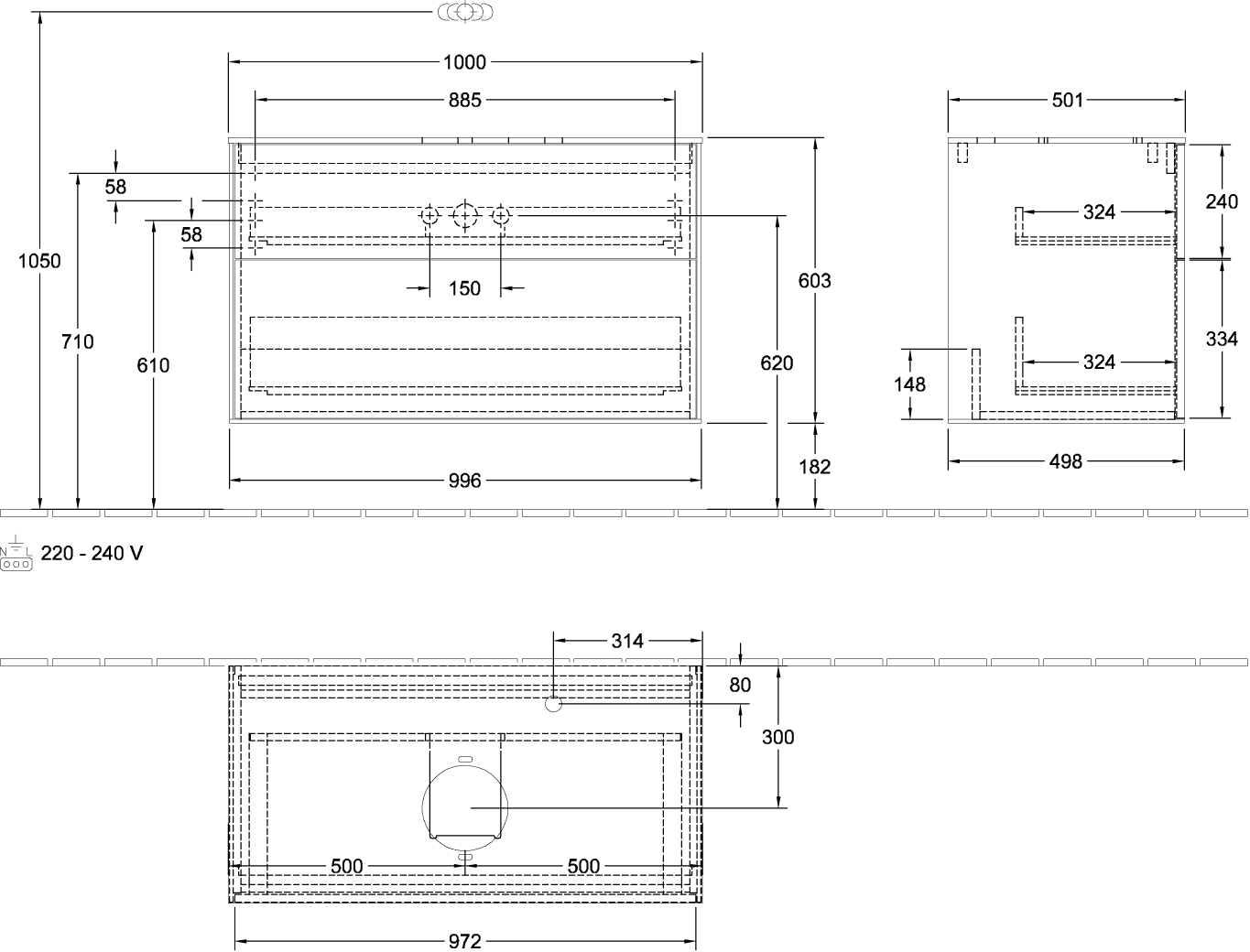 V&B Waschtisch-Unterschrank Finion 100x60,3cm, Abdeckplatte black matt, Glossy white lacquer