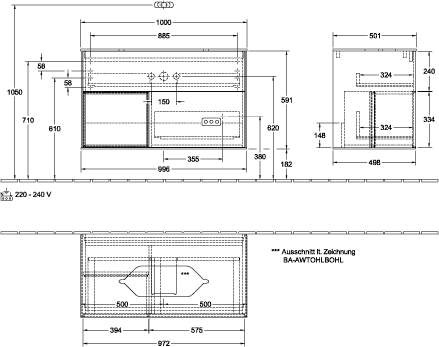 V&B Waschtisch-Unterschrank Finion 100x60,3x50,1cm, Regal links Black matt lacquer, Anthracite matt