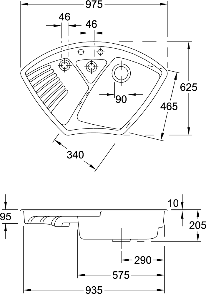 V&B Eckspüle Arena Eck mit Ablaufgarnitur, Handbetätigung, timber CeramicPlus