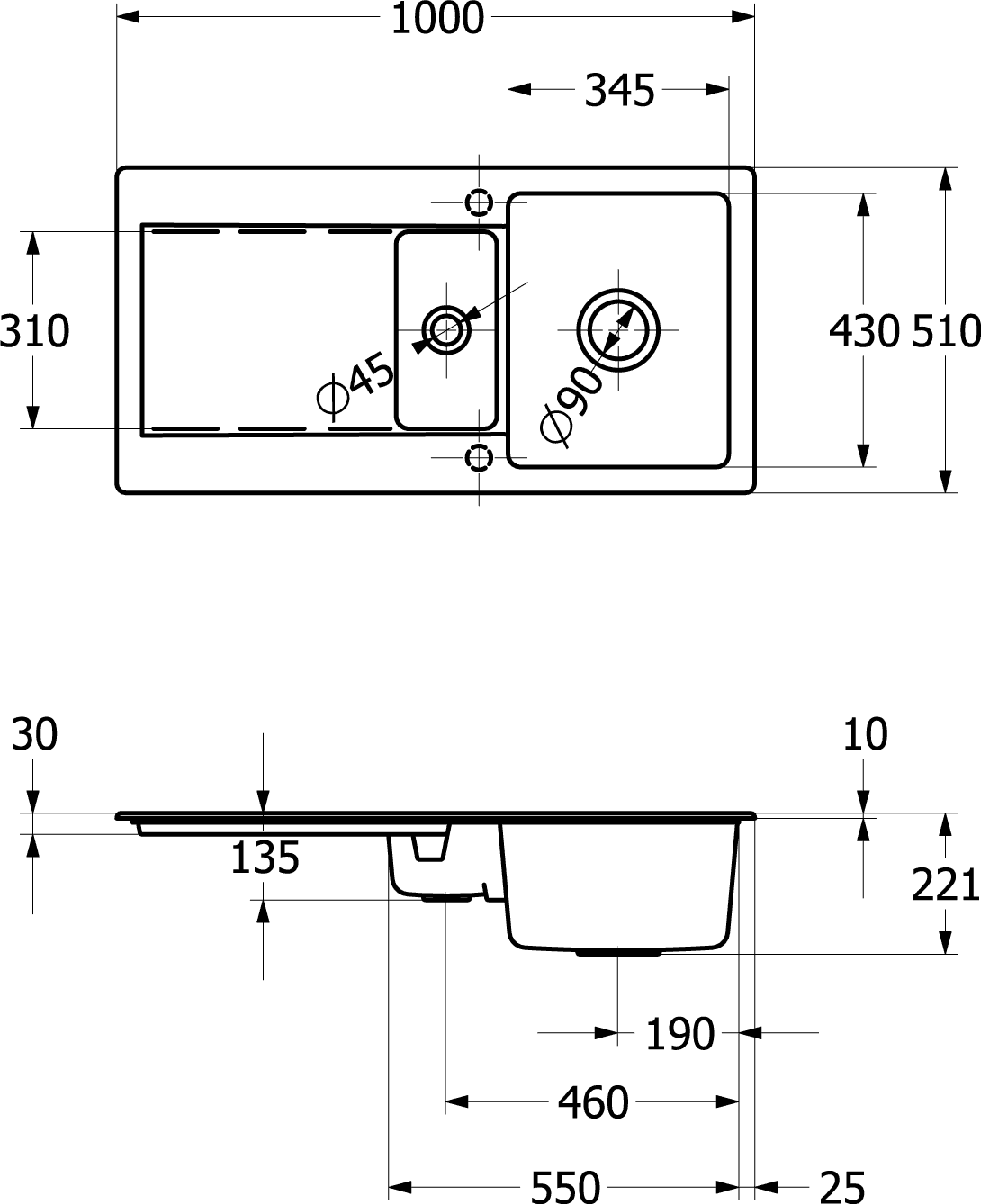 V&B Spüle Siluet 60 R mit Ablaufgarnitur, rund mit Excenterbetätigung, ebony CeramicPlus