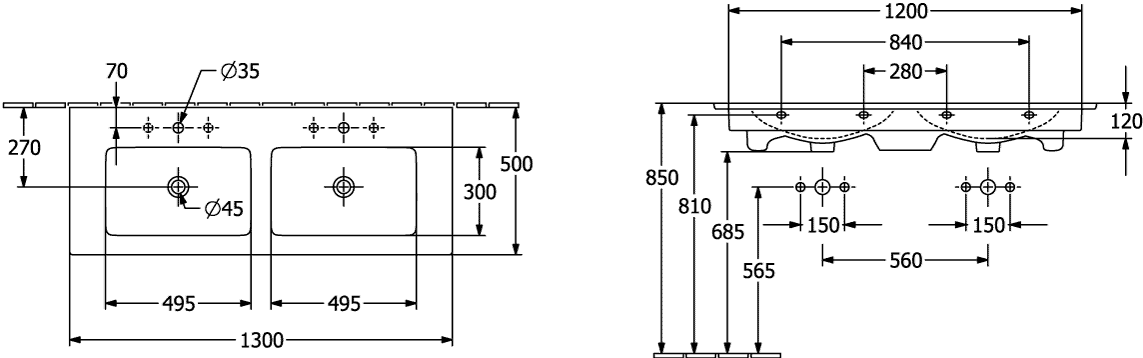 V&B Möbel-Doppelwaschtisch VENTICELLO 130x50cm, 2 Hahnlöcher, mit Überlauf, stone white C-plus