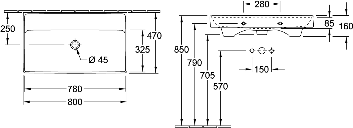 V&B Schrankwaschtisch Collaro 80 x 47 cm, ohne Überlauf, ohne Hahnloch, stone white C-plus