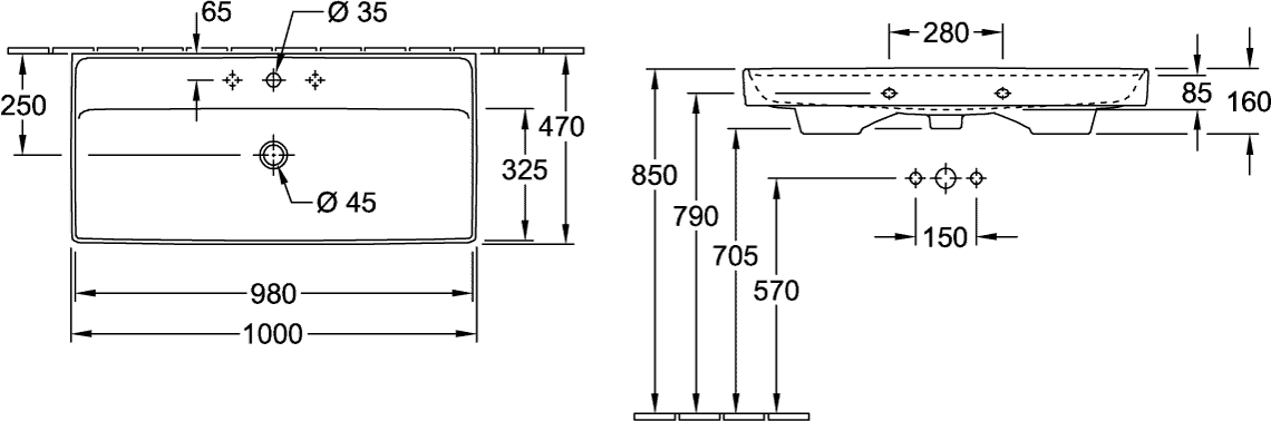 V&B Schrankwaschtisch Collaro 100 x 47 cm, mit Überlauf, stone white C-plus