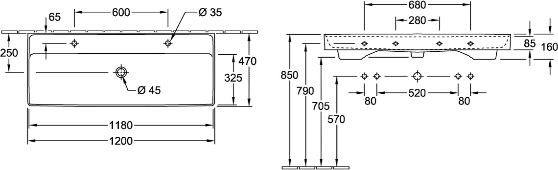 V&B Schrankwaschtisch Collaro 120x47cm, ohne Überlauf, weiß C-plus