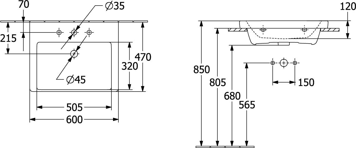 V&B Schrank-Waschtisch Subway 3.0 60x47cm, eckig, Unterseite geschliffen, mit 1 Hahnloch/ohne Überlauf, weiß