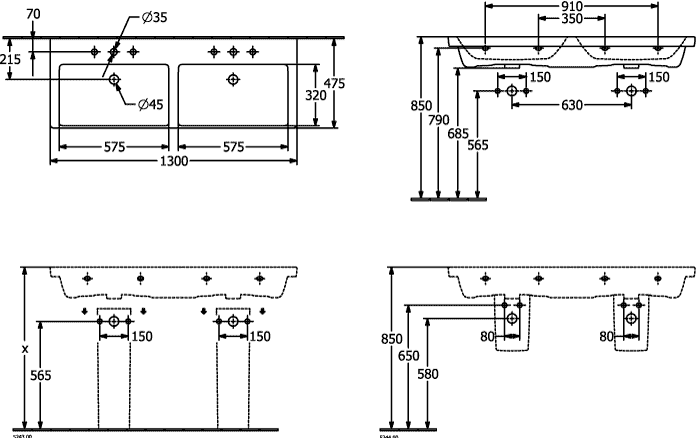 V&B Schrank-Doppelwaschtisch Subway 3.0 130x47cm, eckig, mit je 1 Hahnloch/mit Überlauf, stone white C-plus