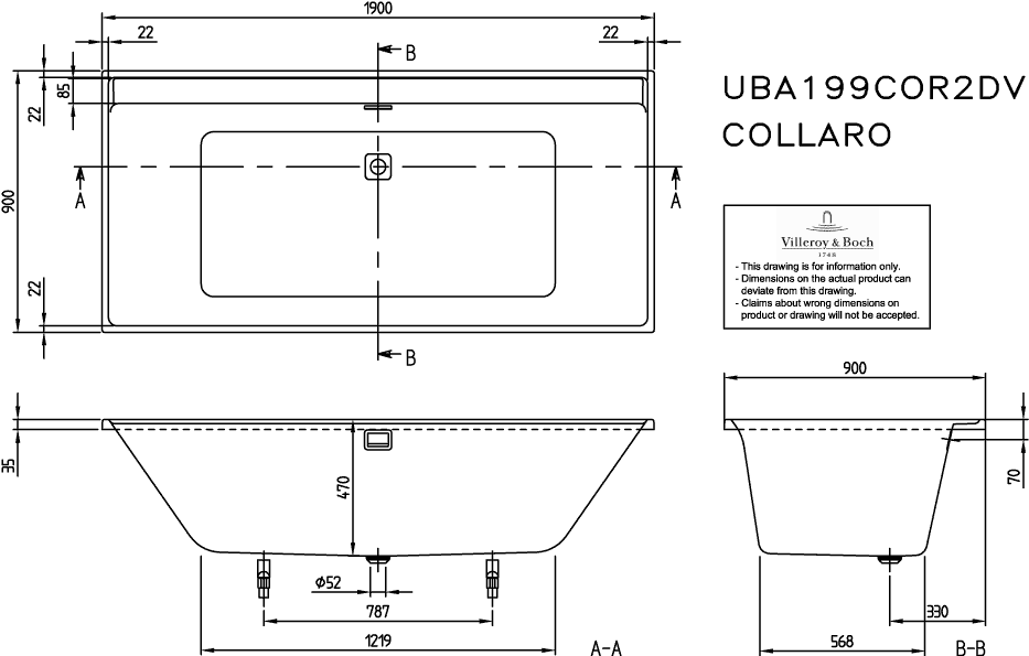 V&B Rechteck-Badewanne Collaro Duo 190x90cm, Einbauausführung Black Matt, stone white