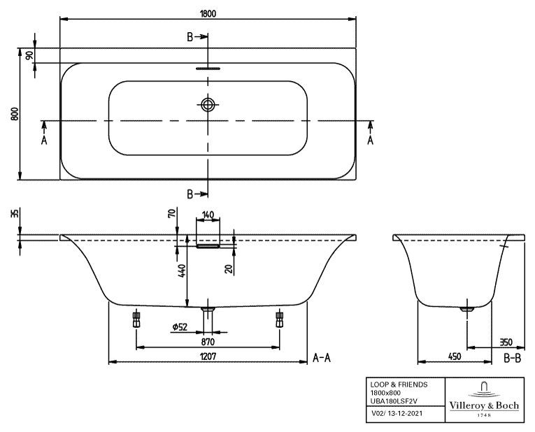 V&B Eck-Badewanne Duo LOOP & FRIENDS 180x80cm, eckige Innenform, weiß