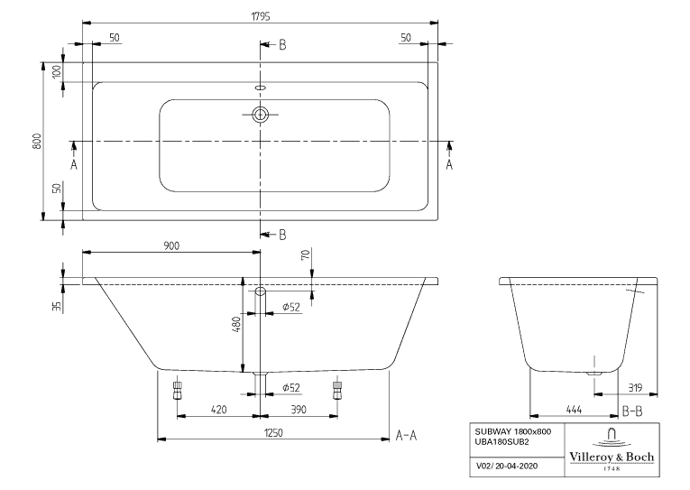 VB Badewanne Subway 1800x800x505mm re-eckig m. Sys AC TP1 MT Weiß Alpin