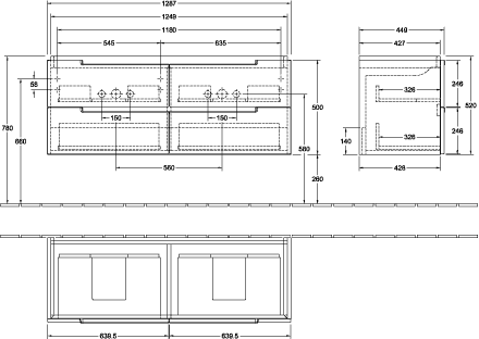 V&B Waschtisch-Unterschrank Subway 2.0 128,7x52x44,9cm, Griff silber matt, black matt lacquer