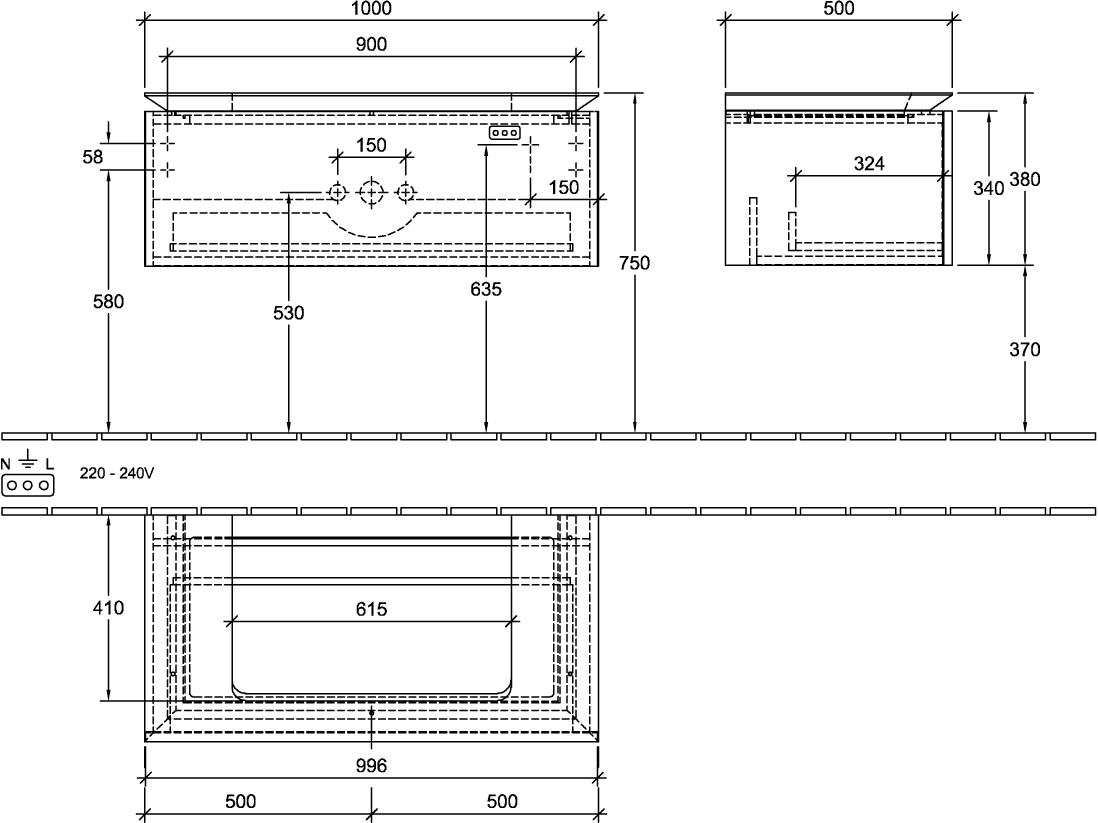 V&B Waschtischunterschrank Legato 100x38x50cm, Waschtisch mittig, mit LED-Beleuchtung, Stone Oak