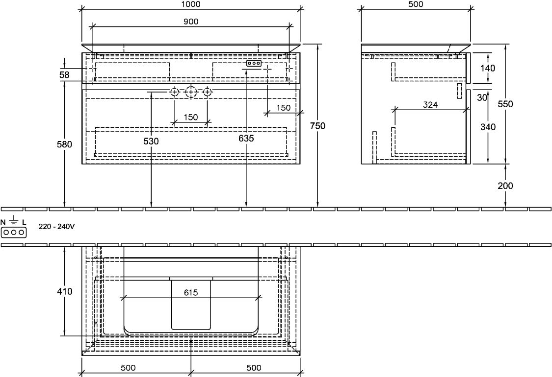 V&B Waschtischunterschrank Legato 100x55x50cm, Waschtisch mittig, mit LED-Beleuchtung, Stone Oak