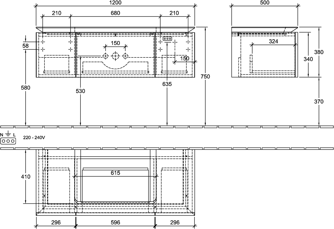 V&B Waschtischunterschrank Legato 120x38x50cm, Waschtisch mittig, Kansas Oak